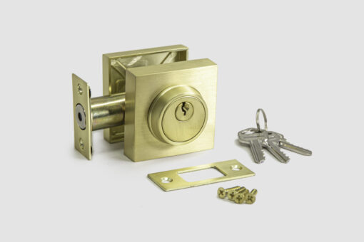 square deadbolt satin gold color, adjustable latch, all installation hardware is included