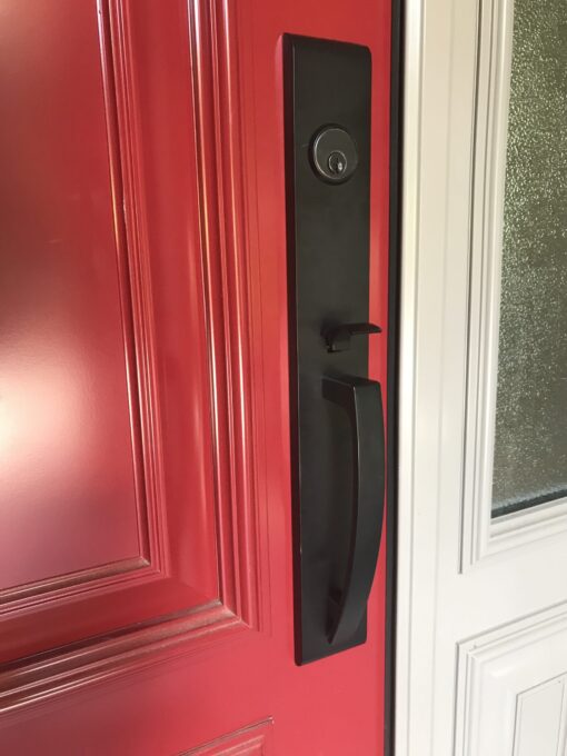 long backplate entry door handleset, available in Satin Nickel and Black Matte finish