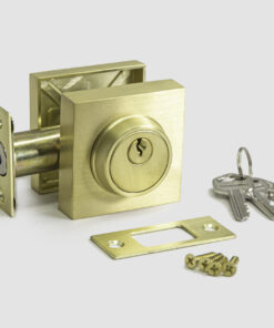 square deadbolt satin gold color, adjustable latch, all installation hardware is included